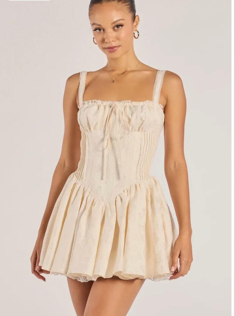Ivory Floral Jacquard Corset Mini Dress Lace Trim Bustier Skater size XS